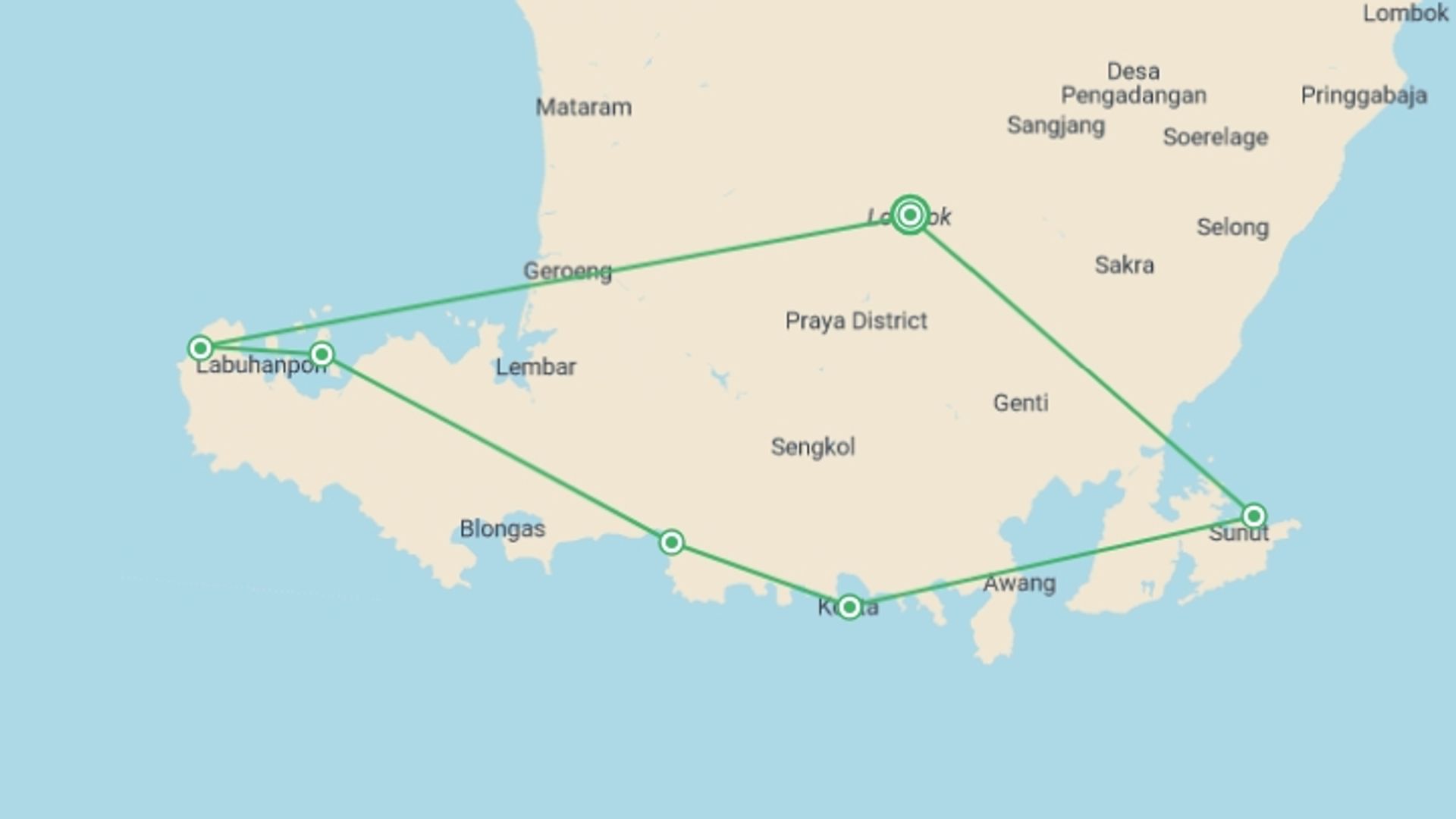 A map showing the tour itinerary for the trip: Discover Lombok: Three Day Bicycle Trip, starting in Lombok, Indonesia and ending in Lombok, Indonesia going through 2 other destinations.