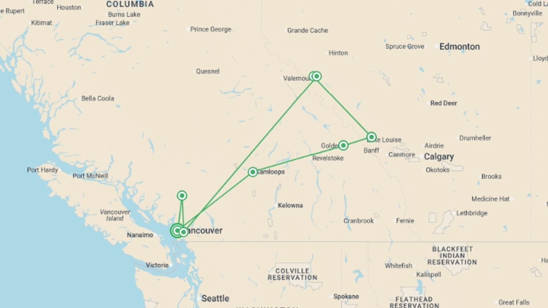 A map showing the tour itinerary for the trip: Real Canadian Rockies, starting in Vancouver, Canada and ending in Vancouver, Canada going through 3 other destinations.