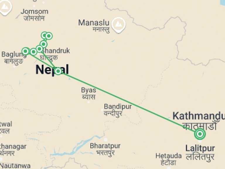 Map itinerary of Nepal Tour in Winter with 10 destination visits for the trip: Annapurna Base Camp Trek via Poon Hill