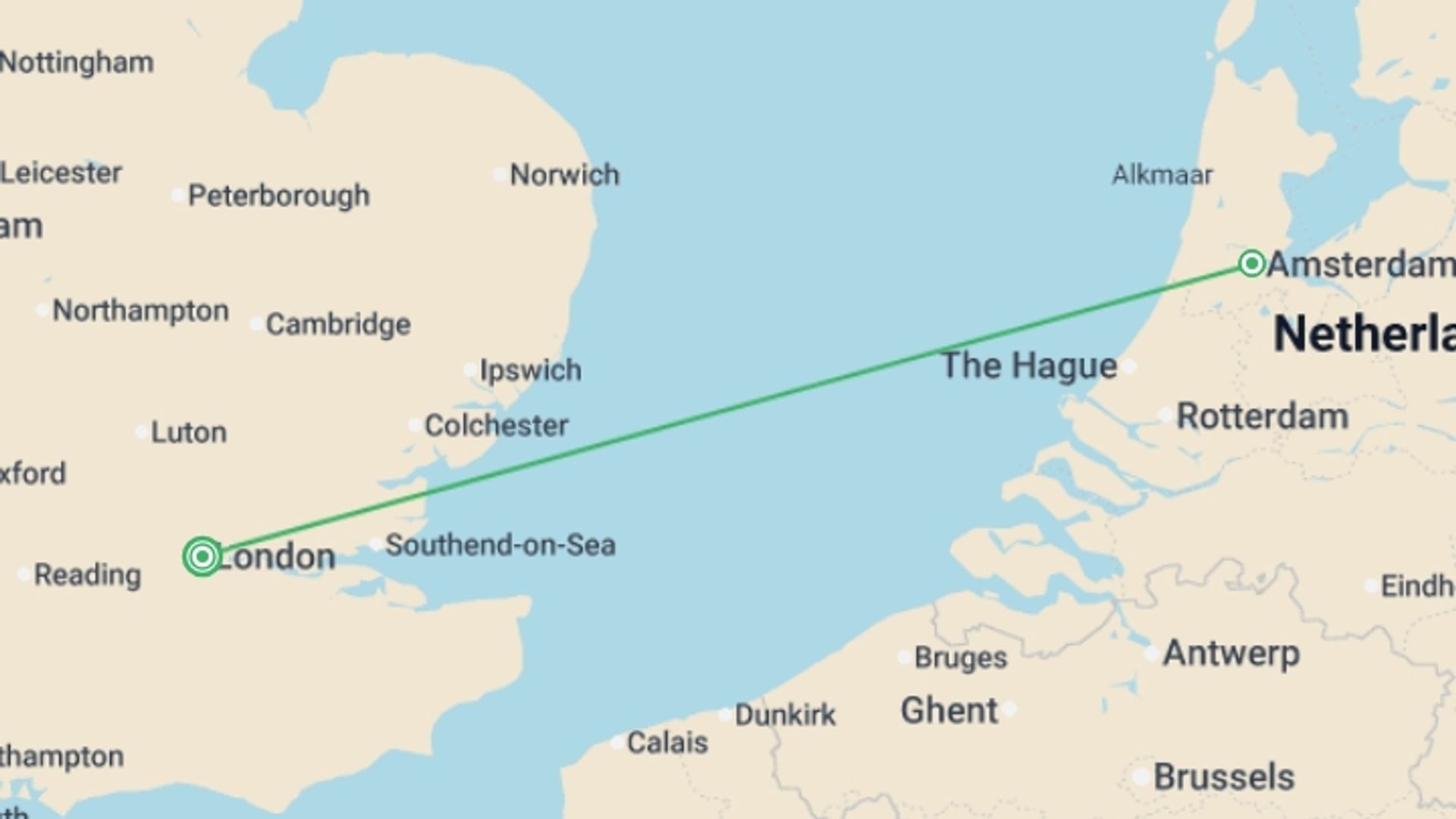 A map showing the tour itinerary for the trip: Amsterdam for Christmas, starting in London, England and ending in London, England going through 1 other destinations.