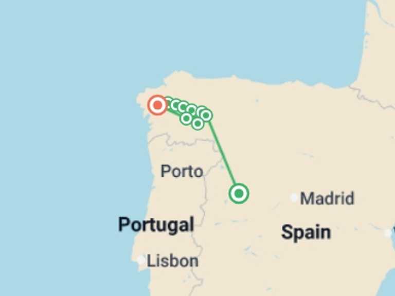 Map itinerary of Europe Tour in April 2026 with 8 destination visits for the trip: Camino - Pilgrims and Paradors