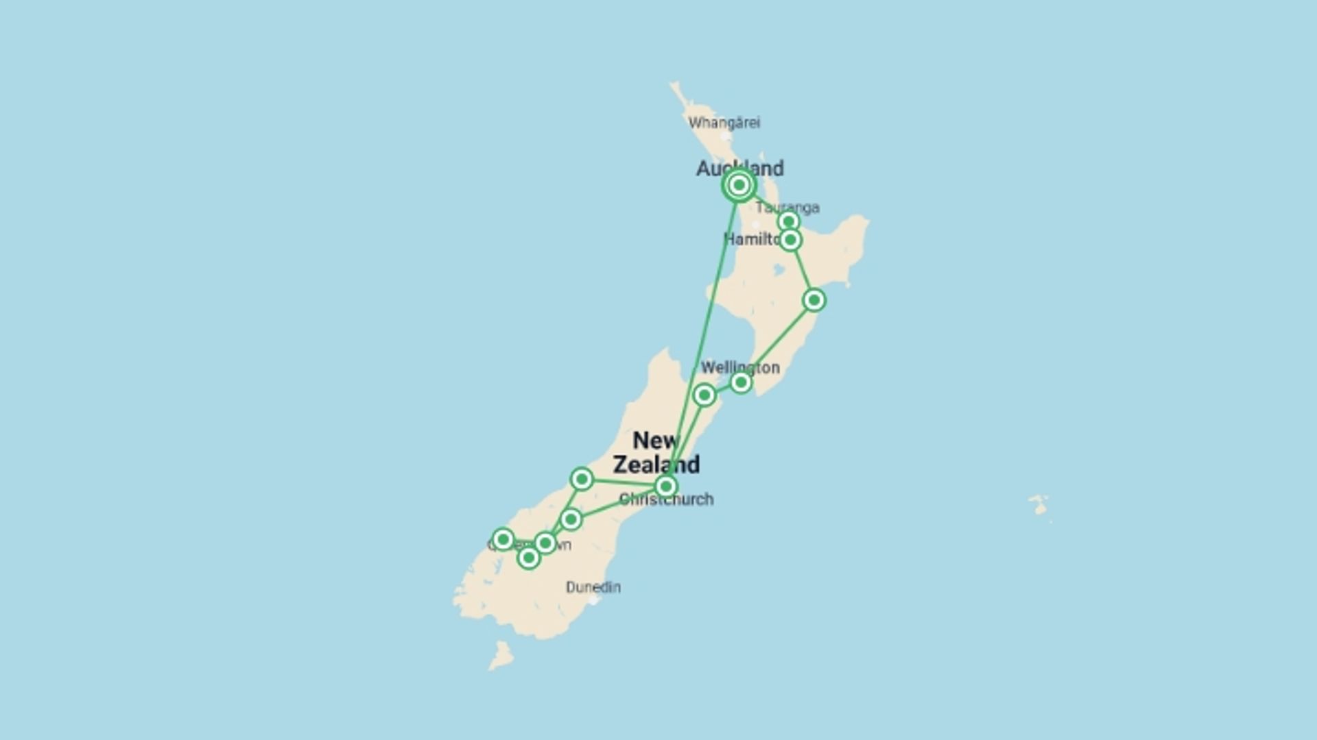 A map showing the tour itinerary for the trip: The Long White Cloud, starting in Auckland, New Zealand and ending in Auckland, New Zealand going through 11 other destinations.