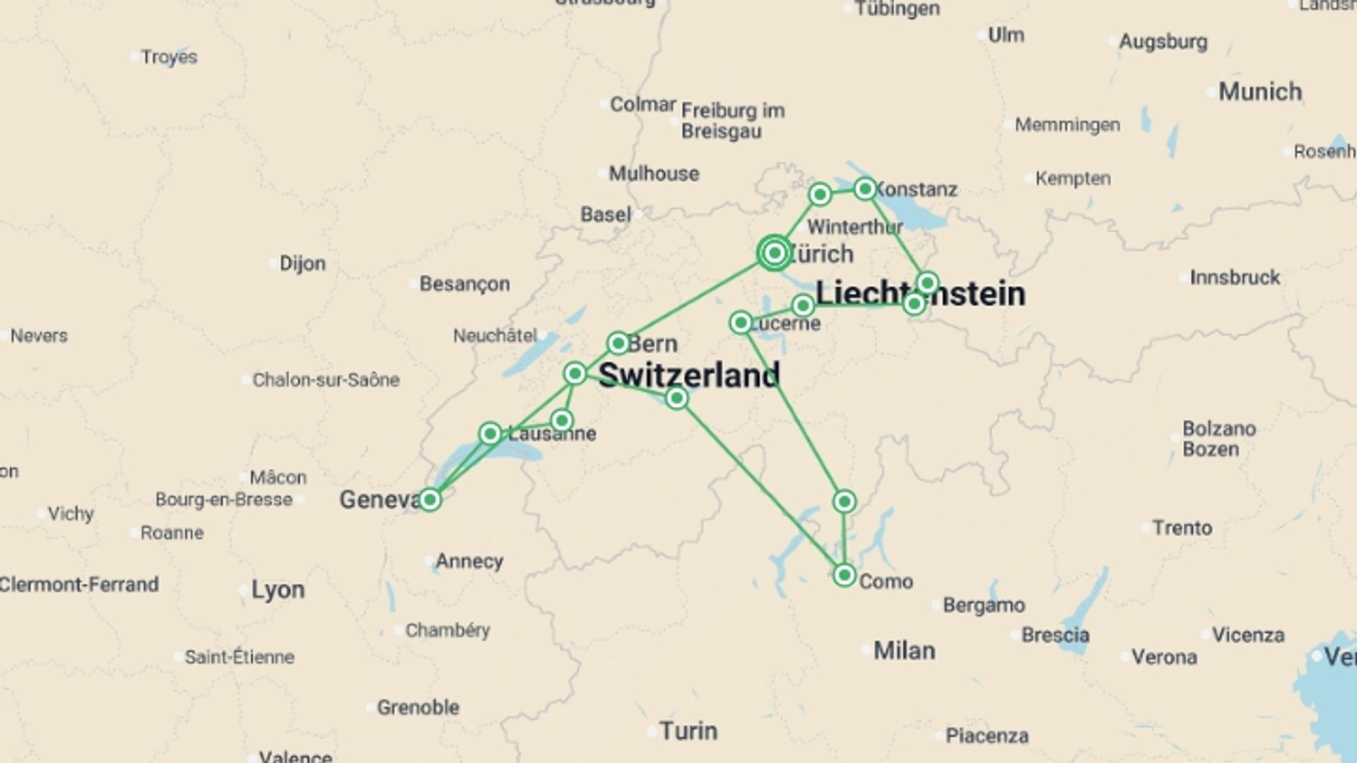 A map showing the tour itinerary for the trip: Switzerland´s Best, starting in Zurich, Switzerland and ending in Zurich, Switzerland going through 5 other destinations.