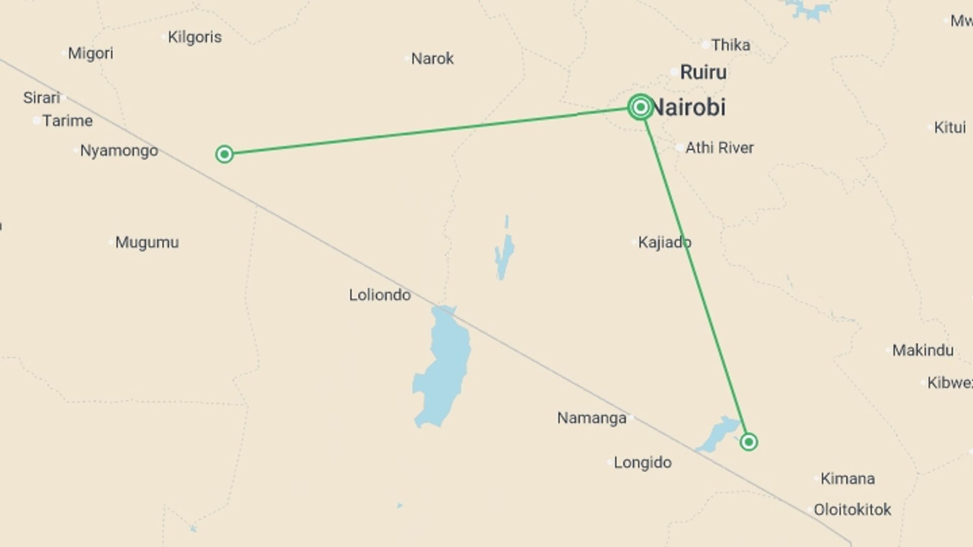 A map showing the tour itinerary for the trip: Kenya Safari 35 to 45, starting in Nairobi, Kenya and ending in Nairobi, Kenya going through 2 other destinations.
