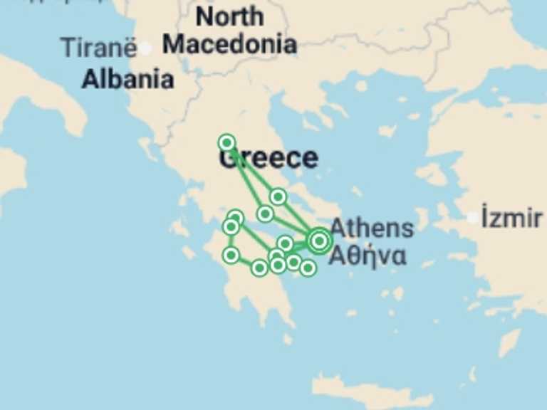 Map of a City sightseeing Tour with 4 destination visits for the trip: Complete Greece
