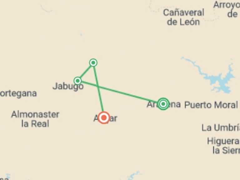 Map itinerary of Mediterranean Tour in Winter with 4 destination visits for the trip: Smugglers Trails of the Sierra de Aracena - 8 Days