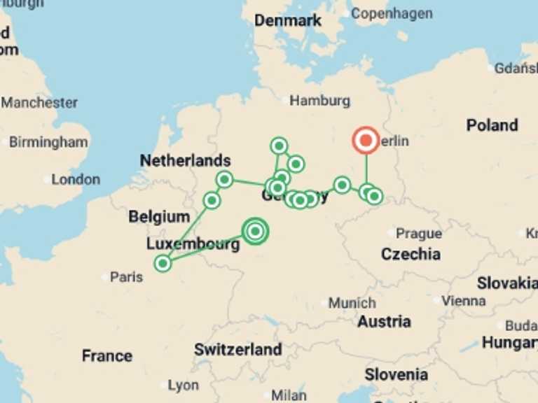 Map itinerary of Europe Tour in January 2027 with 6 destination visits for the trip: Tour of the Heart of Germany, Ending in Berlin