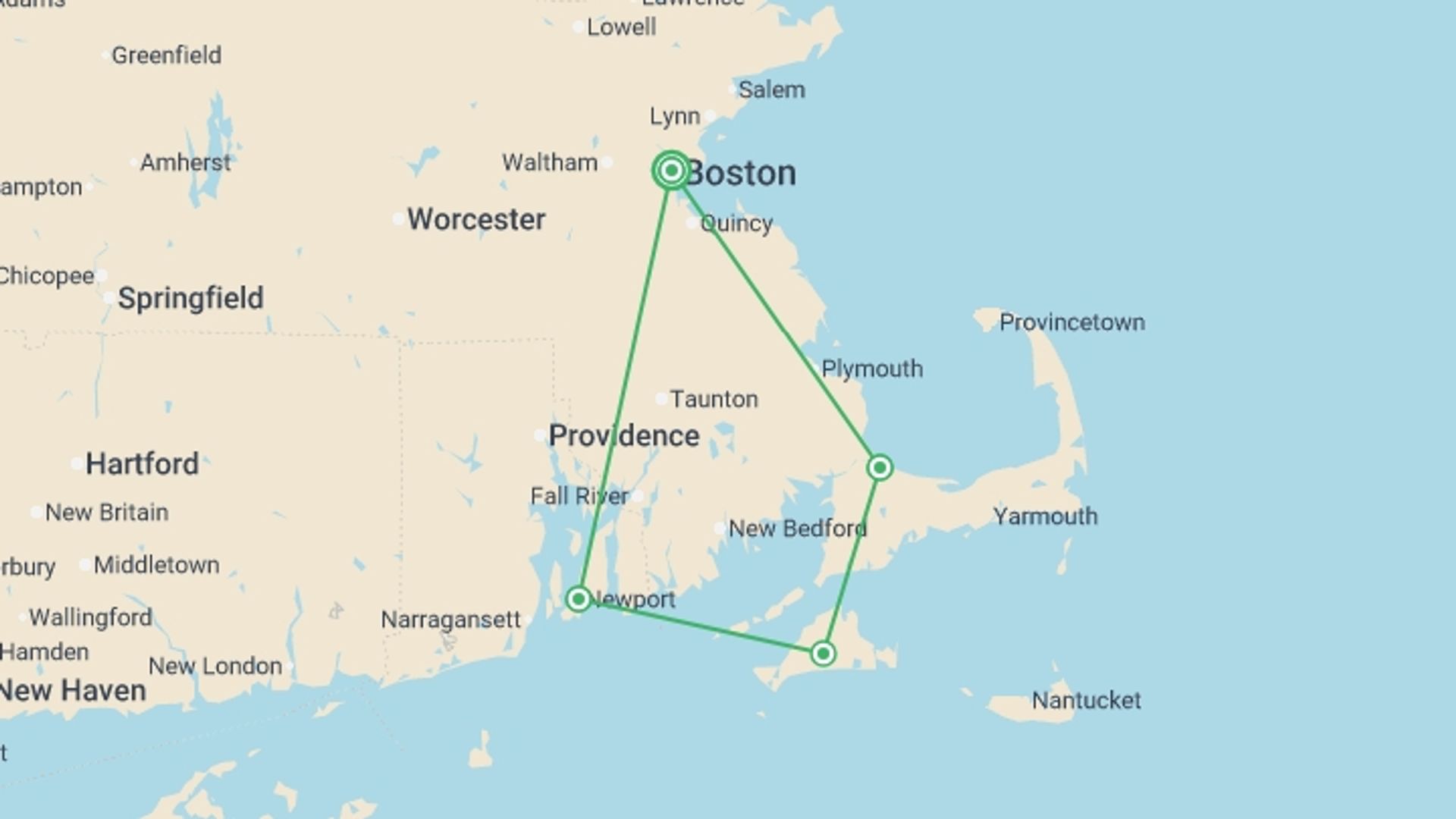 A map showing the tour itinerary for the trip: Treasures of Cape Cod & the Islands, a Women-Only Tour, starting in Boston, USA and ending in Boston, USA going through 3 other destinations.