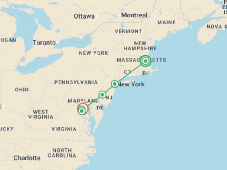 Map itinerary of USA Tour in October 2026 with 4 destination visits for the trip: America's 250th