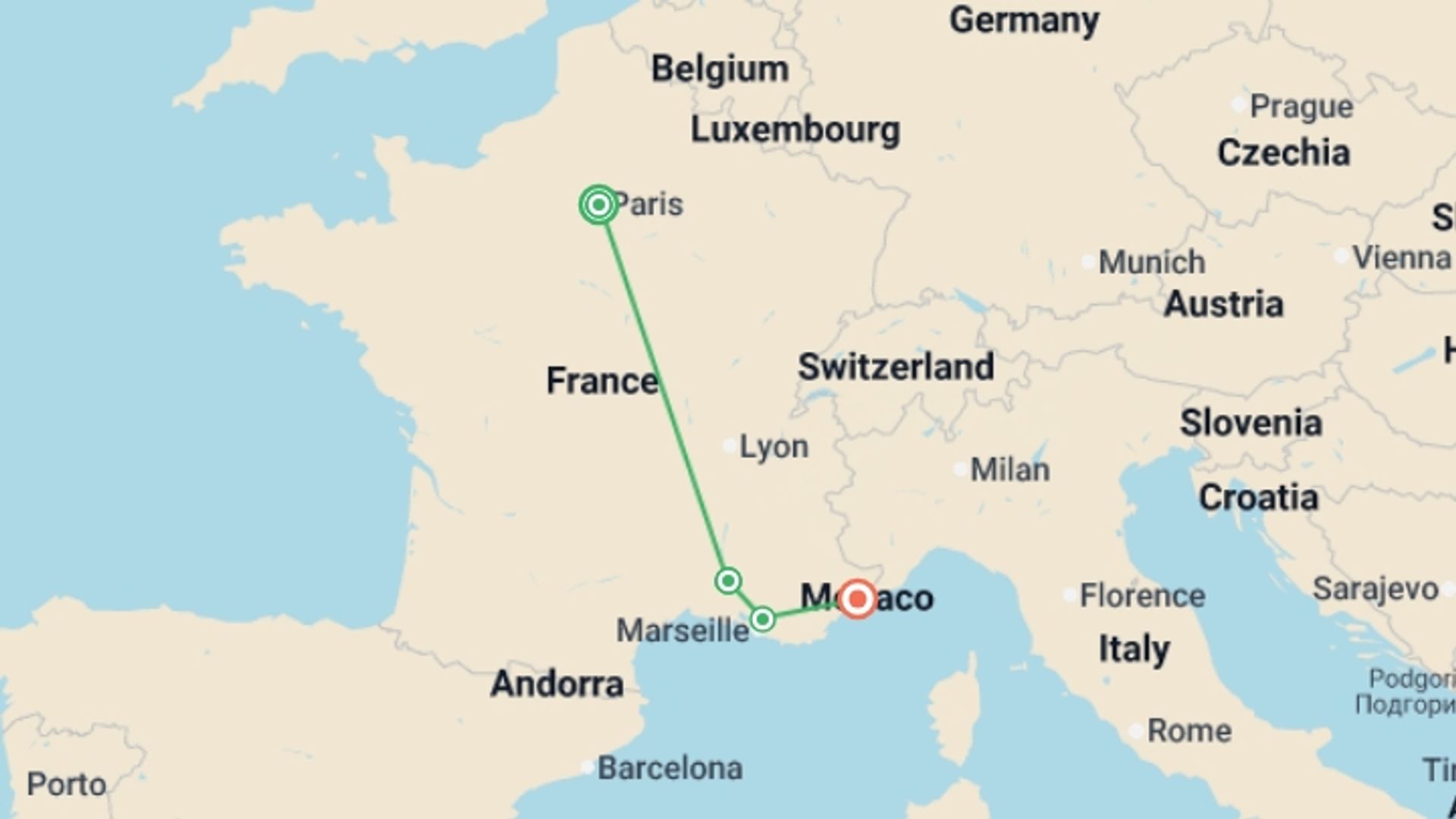 A map showing the tour itinerary for the trip: Scenic French Getaway Self Drive, starting in Paris, France and ending in Nice, France going through 2 other destinations.