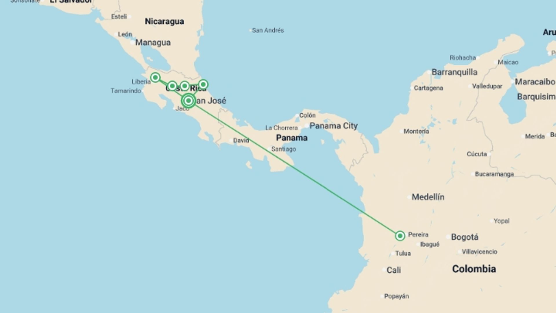 A map showing the tour itinerary for the trip: Experience Costa Rica’s Nature, French-speaking Guide, starting in San Jose, Costa Rica and ending in San Jose, Costa Rica going through 4 other destinations.