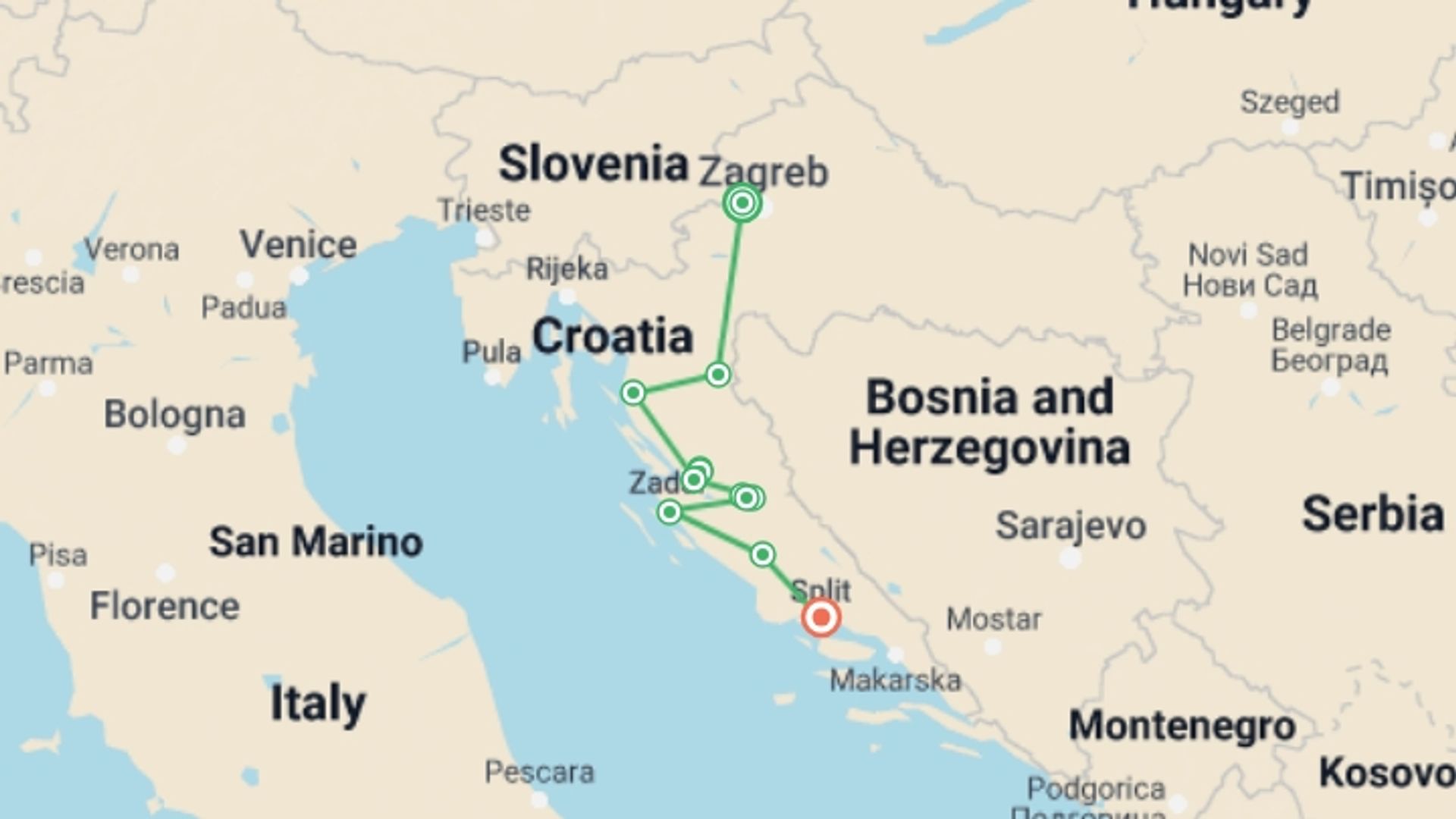 A map showing the tour itinerary for the trip: Croatia Coast and Canyons Walk, starting in Zagreb, Croatia and ending in Split, Croatia going through 4 other destinations.