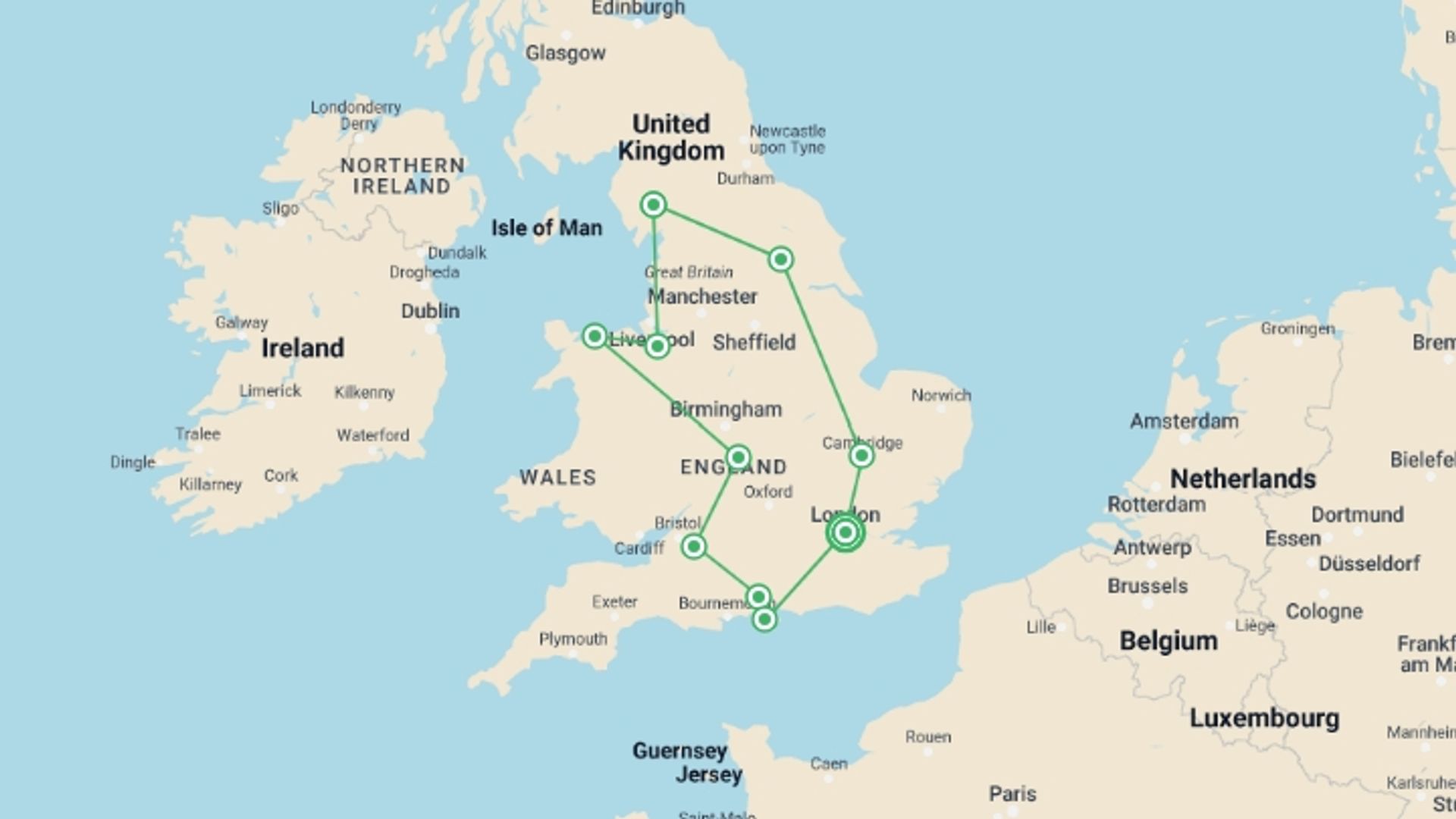 A map showing the tour itinerary for the trip: British Gardens and the Chelsea Flower Show, starting in London, England and ending in London, England going through 8 other destinations.