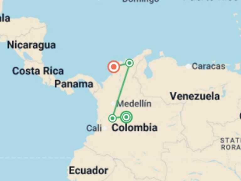 Map itinerary of South America Tour in February 2027 with 5 destination visits for the trip: Signature Colombia | Stories Beneath Wax Palms