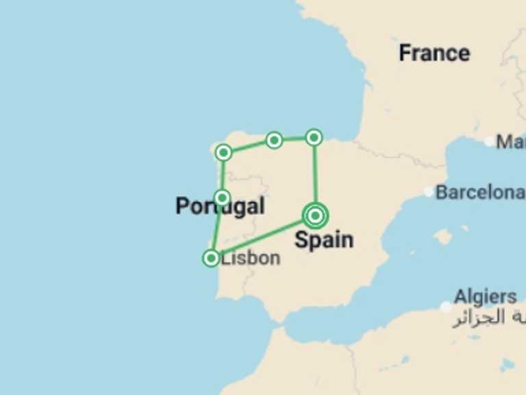 Map itinerary of Europe Tour in May 2026 with 6 destination visits for the trip: Iberian Triangle