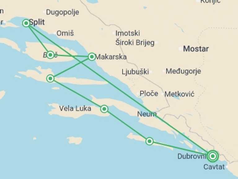 Map of 8-Day Europe Tour with 7 destination visits for the trip: Croatia Sail – 18 to 35s / Premier Boat