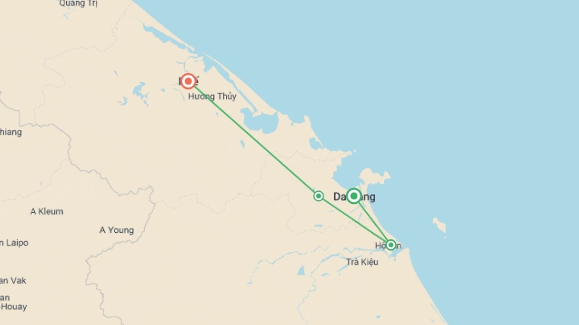 A map showing the tour itinerary for the trip: Vietnam Central Highlights, starting in Da Nang, Vietnam and ending in Hue, Vietnam going through 1 other destinations.