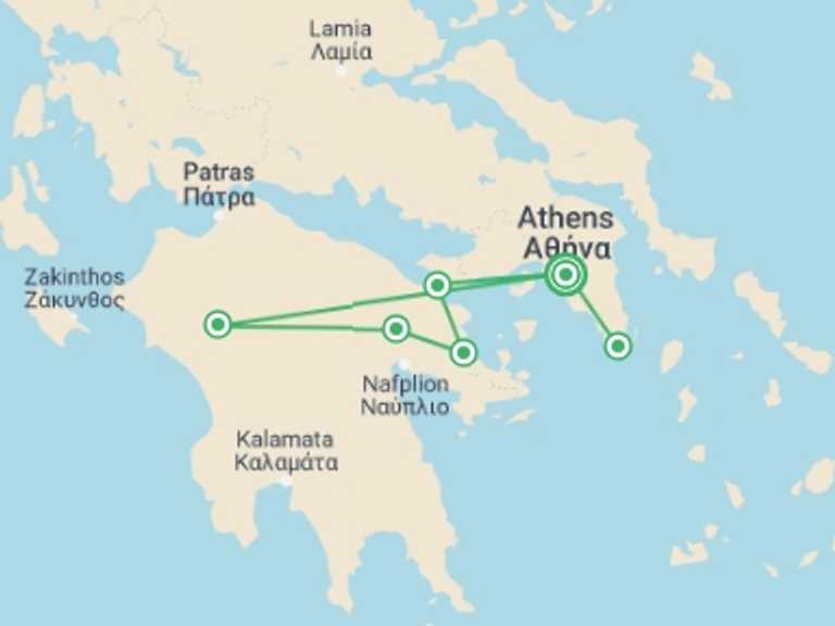 Map itinerary of Athens Tour in September 2026 with 2 destination visits for the trip: Highlights Of The Peloponnese: Argolis And Olympia, Private Tour