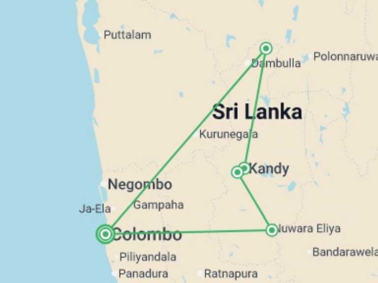 Map itinerary of Sri Lanka Tour in August 2026 with 6 destination visits for the trip: Best of Sri Lanka Highlights Tour