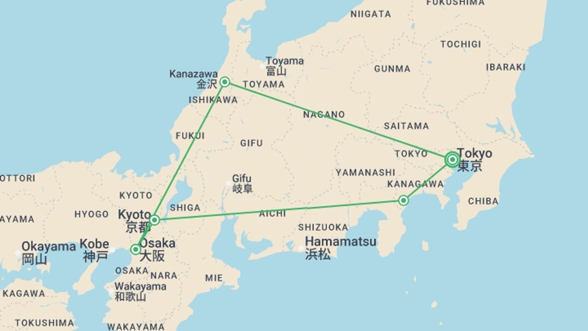 A map showing the tour itinerary for the trip: Tokyo, Kanazawa & Osaka - 10 days, starting in Tokyo, Japan and ending in Tokyo, Japan going through 4 other destinations.