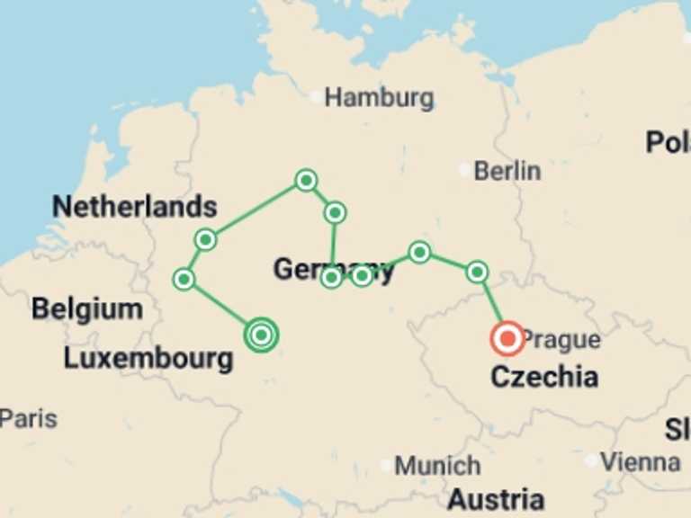 Map of Europe Tour with 6 destination visits for the trip: Tour of the Heart of Germany, Ending in Prague
