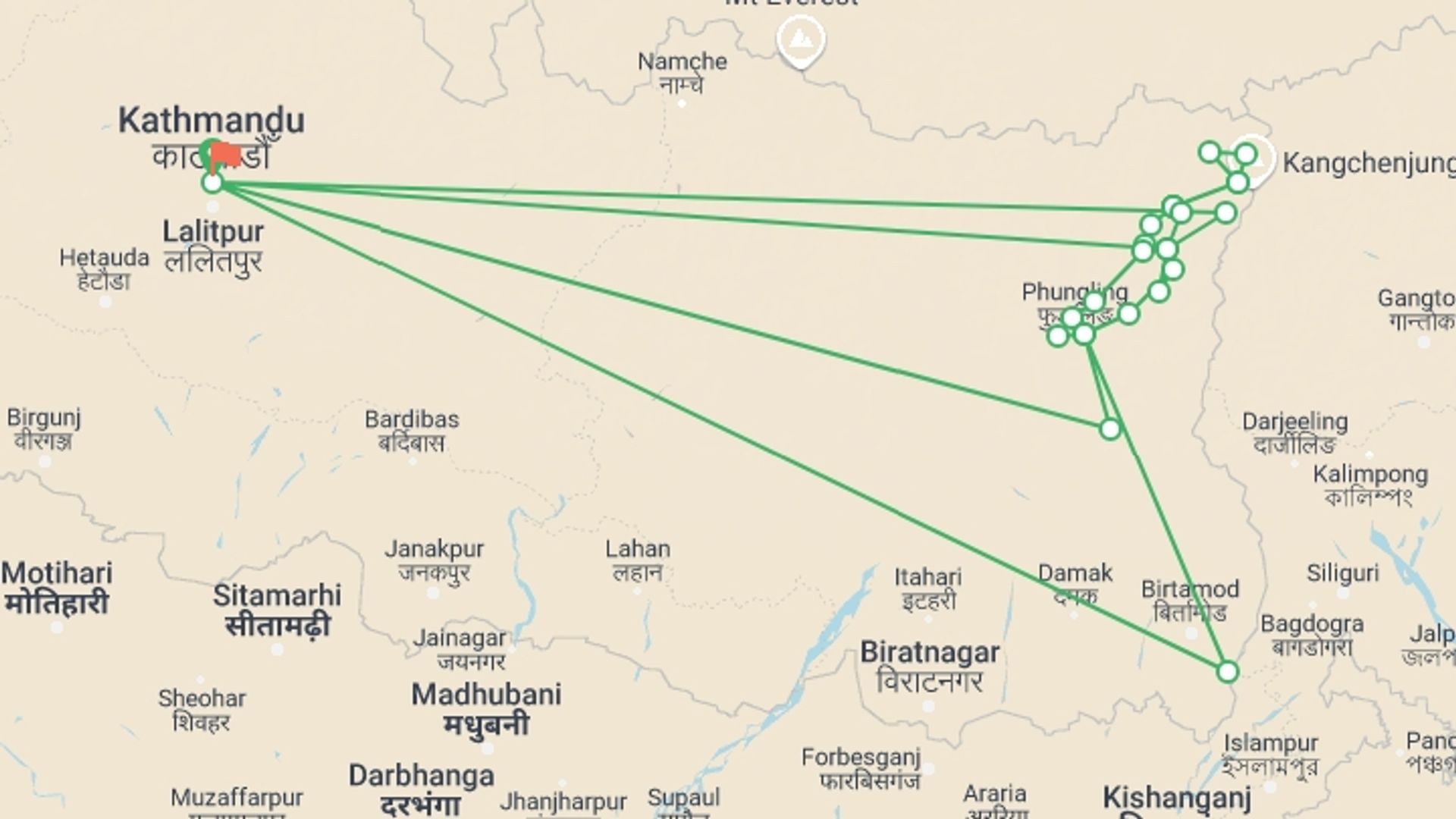 A map showing the tour itinerary for the trip: Kanchanjunga Base Camp trek, starting in Kathmandu, Nepal and ending in Kathmandu, Nepal going through 20 other destinations.