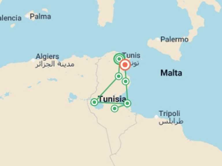 Map of Tunisia Tour with 4 destination visits for the trip: Tunisian Journey, Small Group Tour, French-speaking Guide
