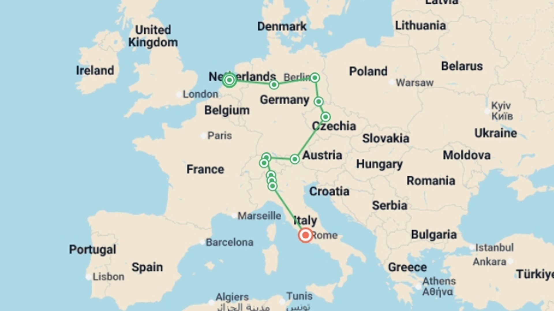 A map showing the tour itinerary for the trip: From Amsterdam to Rome, starting in Amsterdam, Holland and ending in Rome, Italy going through 5 other destinations.