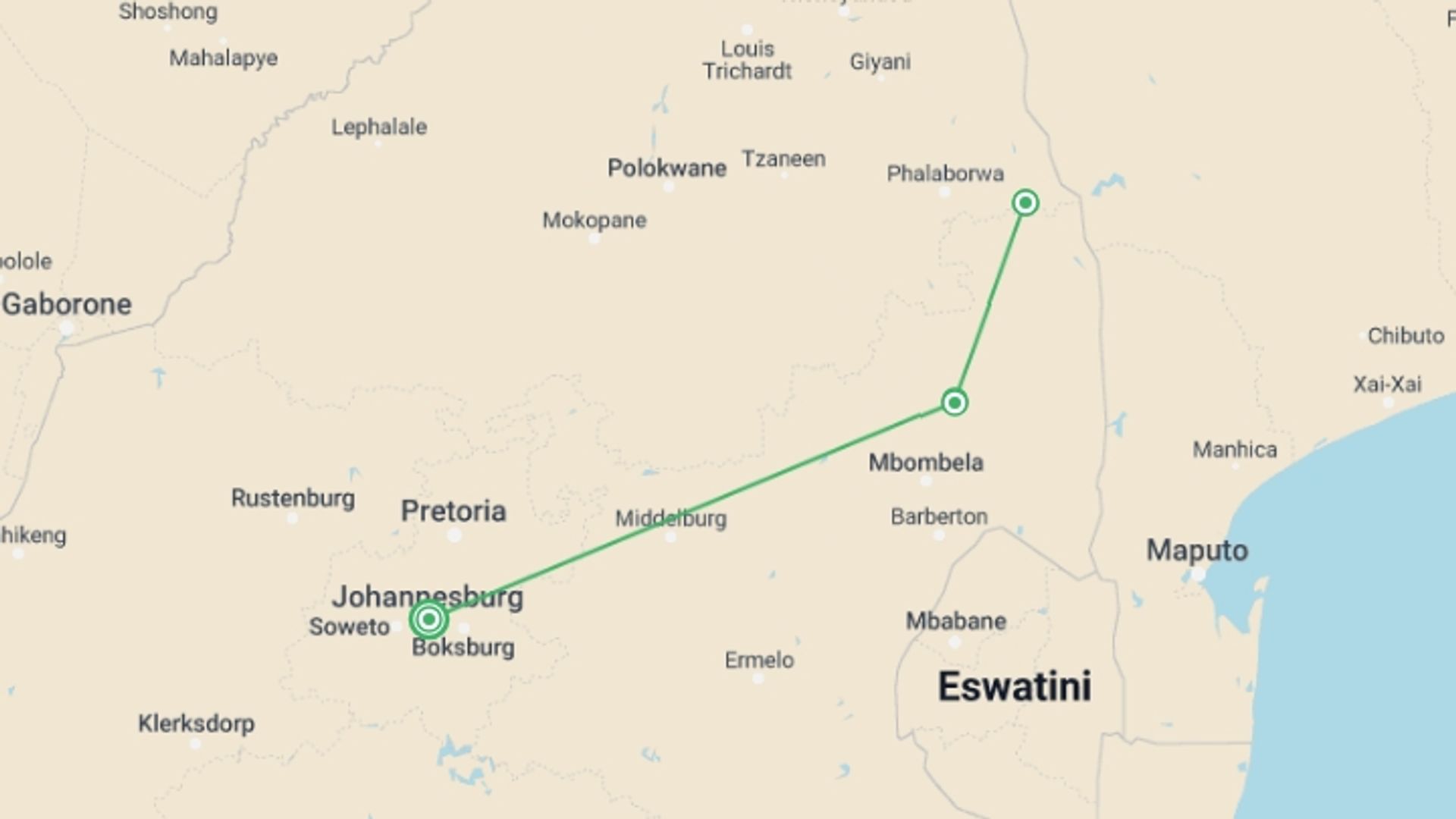 A map showing the tour itinerary for the trip: Kruger Park Highlights, starting in Johannesburg, South Africa and ending in Johannesburg, South Africa going through 2 other destinations.