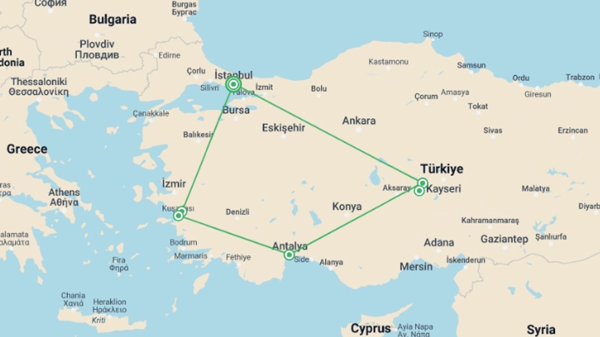 A map showing the tour itinerary for the trip: 10 Days - Turkish Breeze, starting in Istanbul, Turkey and ending in Istanbul, Turkey going through 7 other destinations.