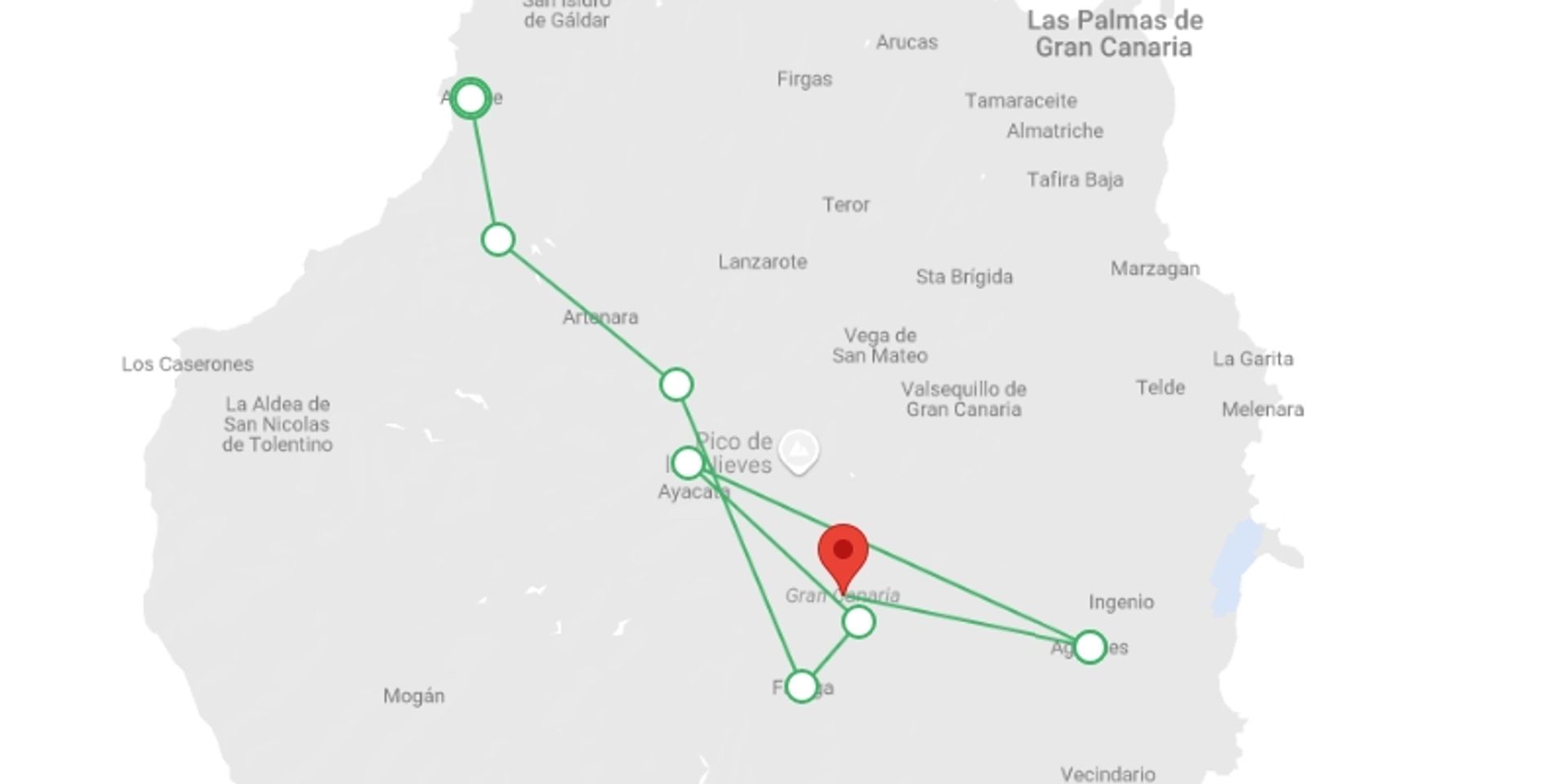 A map showing the tour itinerary for the trip: 8 Days / 7 Nights - Hiking Highlights Of Gran Canaria, starting in Agaete, Spain and ending in Gran Canaria, Spain going through 6 other destinations.