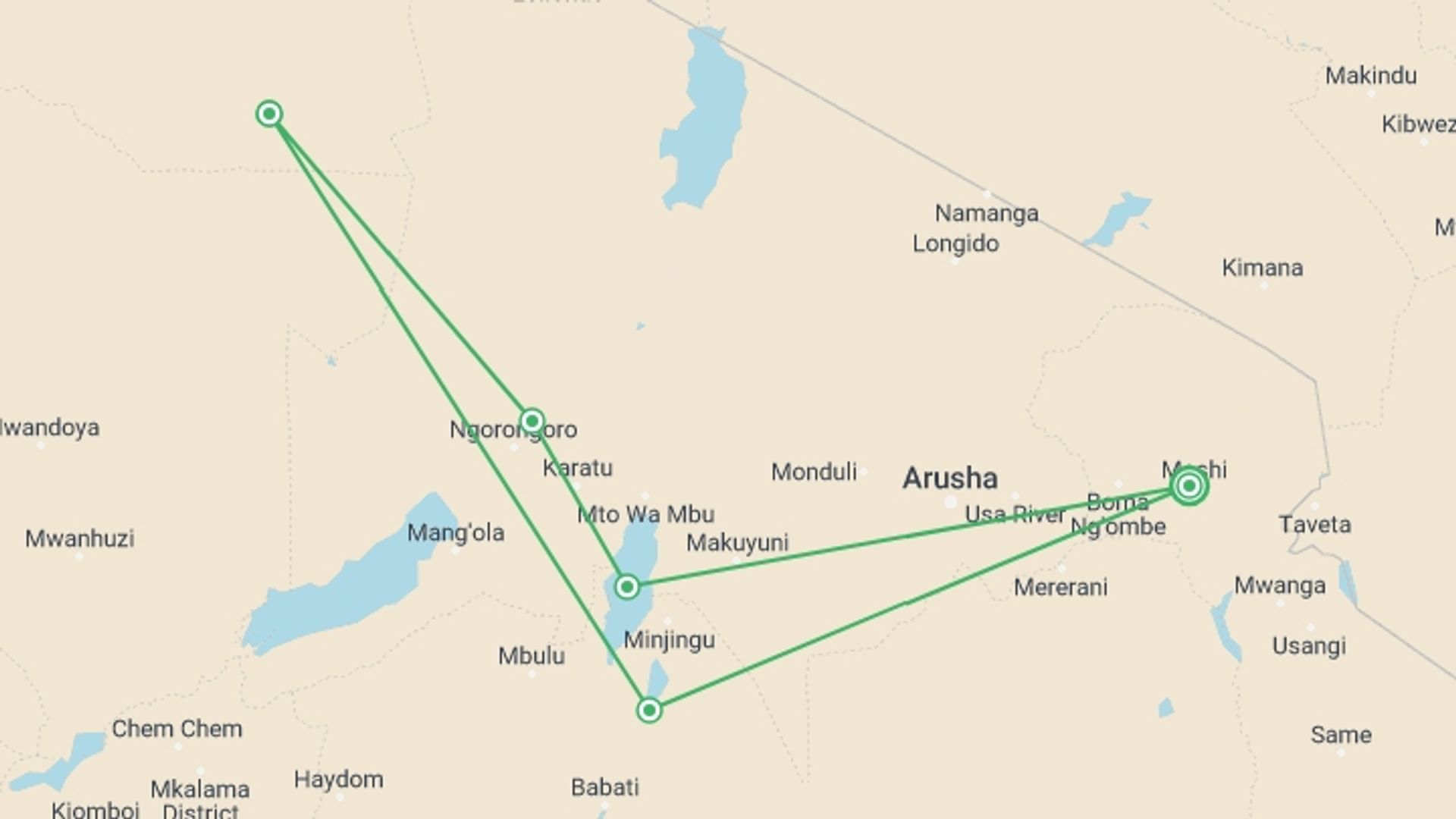 A map showing the tour itinerary for the trip: 6 Days Safari - Tarangire,Serengeti,Ngorongoro & Manyara, starting in Moshi, Tanzania and ending in Moshi, Tanzania going through 5 other destinations.