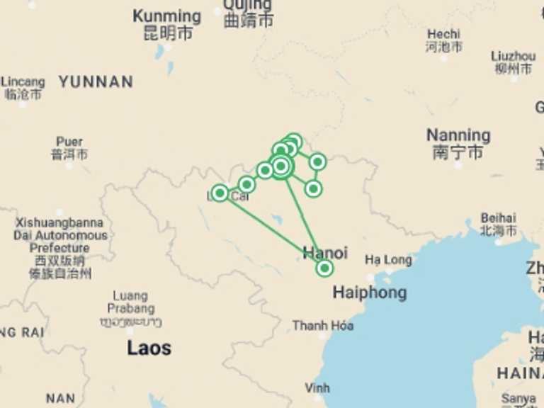 Map of Hanoi Active and outdoor Tour with 7 destination visits for the trip: Vietnam’s Great Motorbike Trails 7 Days 7 Nights
