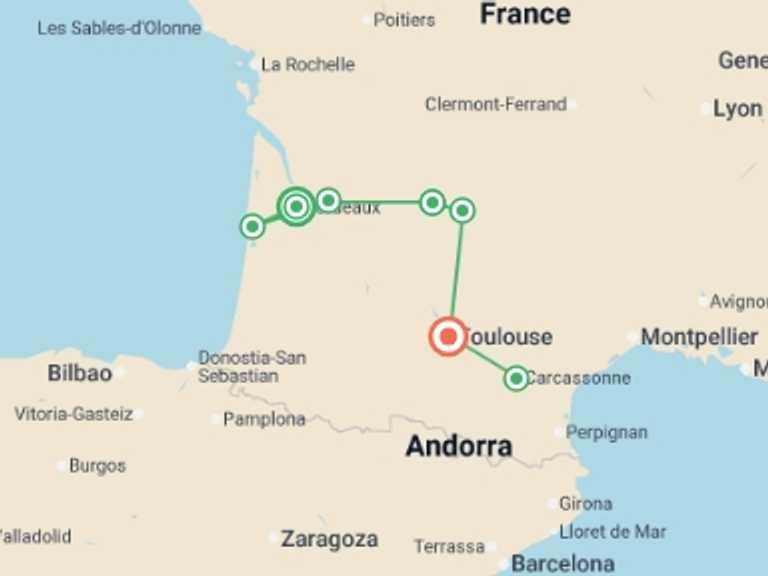 Map itinerary of Bordeaux Tour in Summer with 6 destination visits for the trip: A Taste of Southern France  - Bordeaux to Toulouse