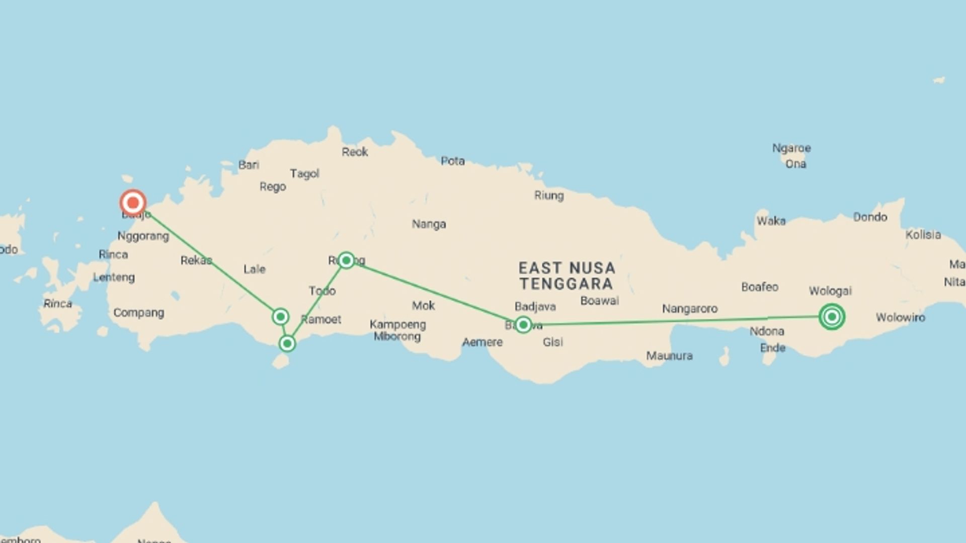 A map showing the tour itinerary for the trip: Komodo & Flores Adventure, starting in Kelimutu, Indonesia and ending in Labuan Bajo, Indonesia going through 5 other destinations.