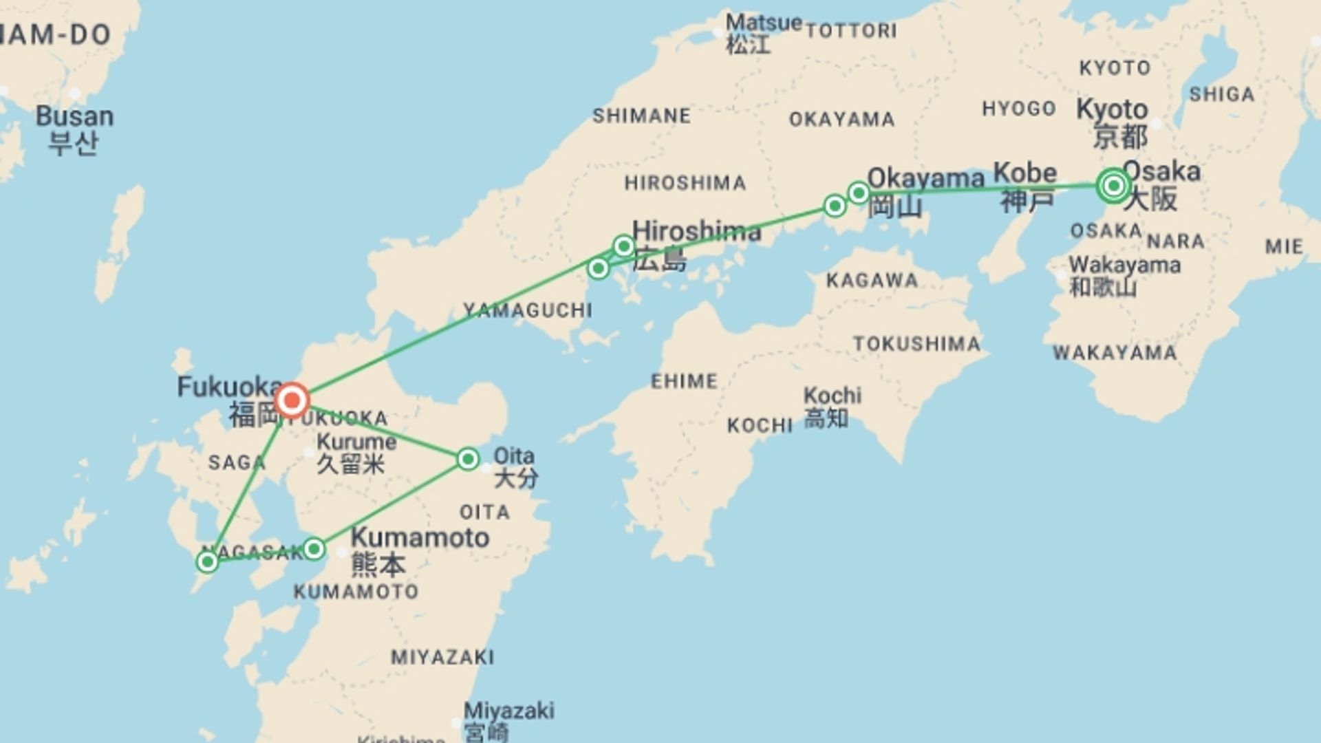 A map showing the tour itinerary for the trip: Southern Japan with Hiroshima and Nagasaki, starting in Osaka, Japan and ending in Fukuoka, JAPON going through 5 other destinations.