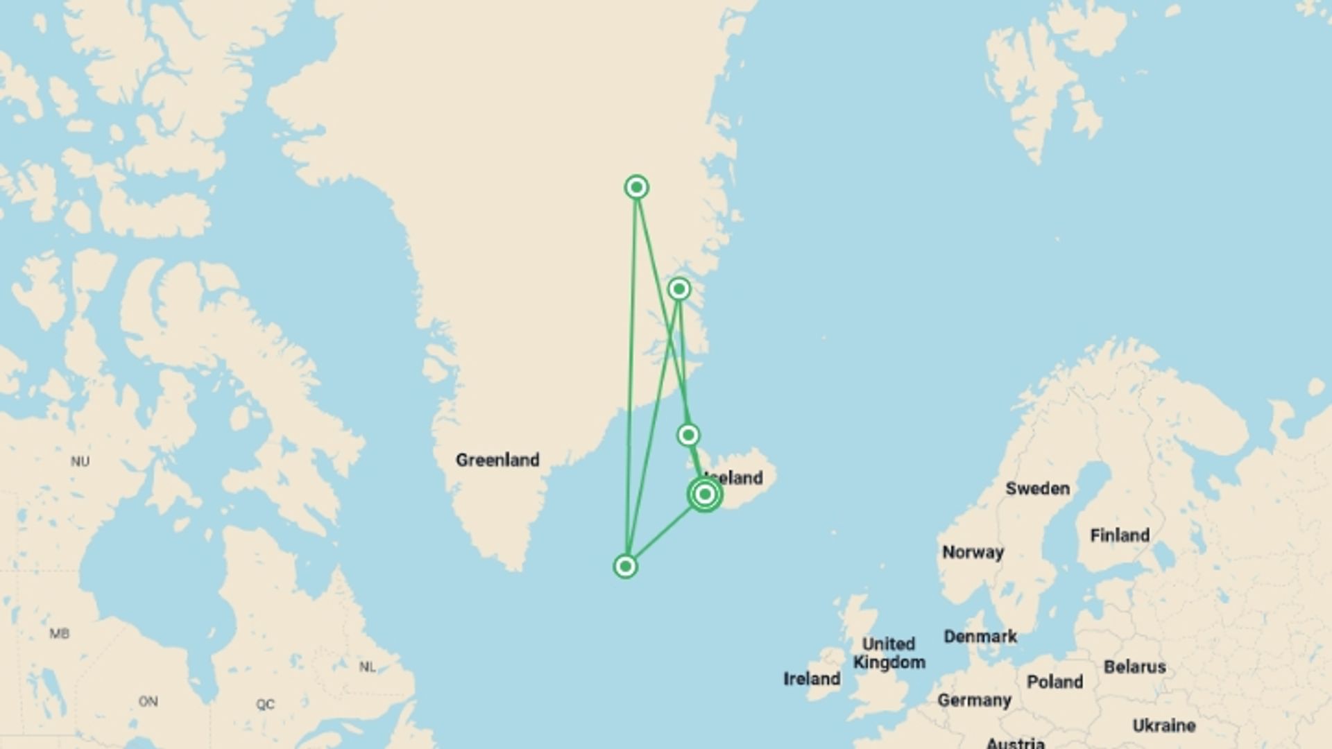 A map showing the tour itinerary for the trip: Adventures in Northeast Greenland: Glaciers, Fjords and the Northern Lights, starting in Reykjavik, Iceland and ending in Reykjavik, Iceland going through 5 other destinations.