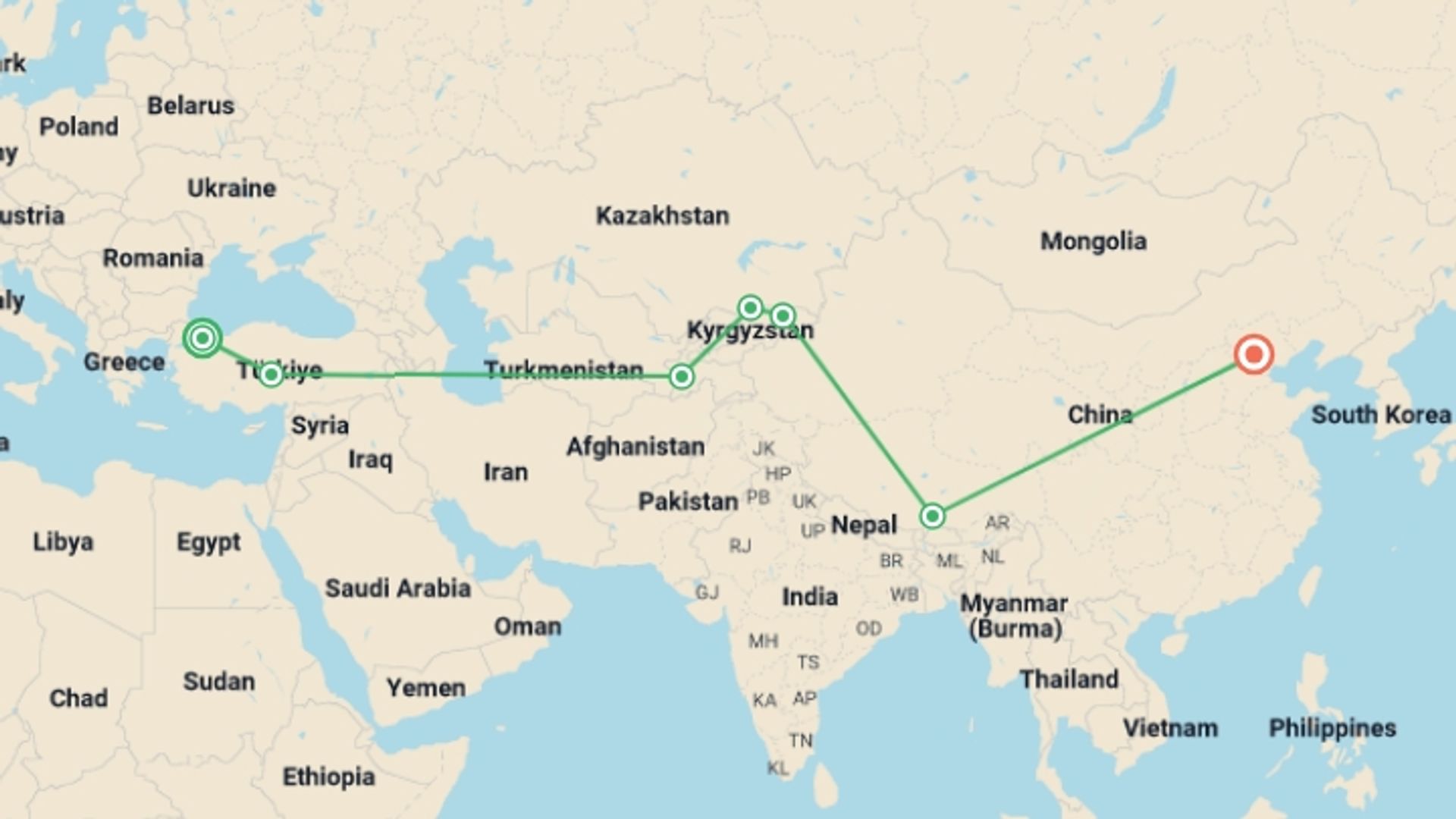 A map showing the tour itinerary for the trip: Istanbul To Beijing (16 Weeks), starting in Istanbul, Turkey and ending in Beijing, China going through 5 other destinations.