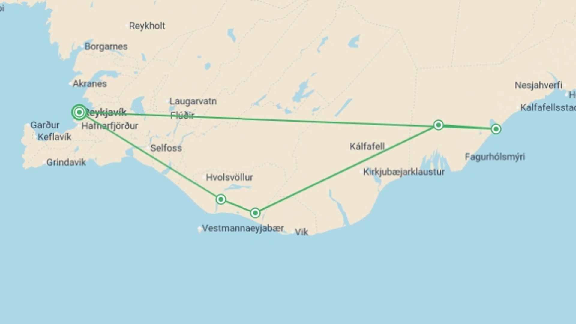 A map showing the tour itinerary for the trip: Iceland South Coast & Ice Cave Adventure 2D/1N, starting in Reykjavik, Iceland and ending in Reykjavik, Iceland going through 1 other destinations.