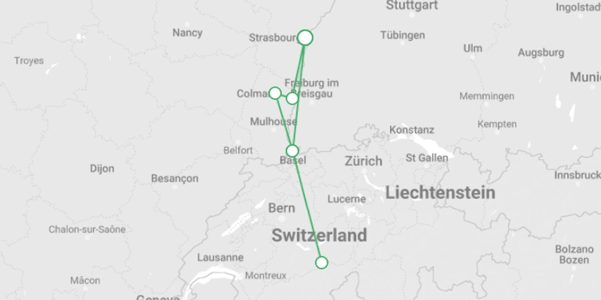 A map showing the tour itinerary for the trip: From the Heart of Alsace to Summits in the Swiss Alps (port-to-port cruise), starting in Strasbourg, France and ending in Strasbourg, France going through 2 other destinations.