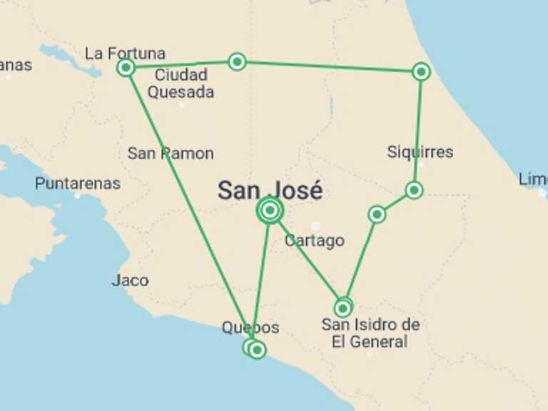 Map of San Jose Active and outdoor Tour with 10 destination visits for the trip: Costa Rica Wildlife Tour