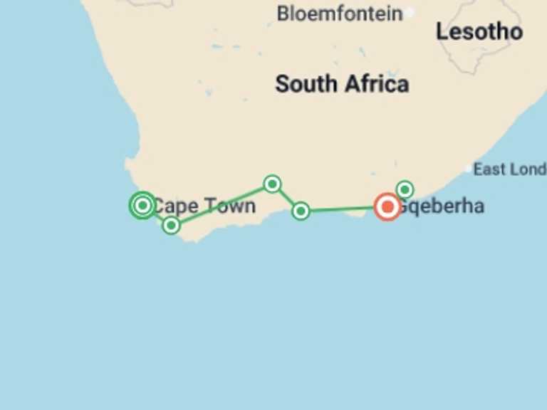 Map of 10-Day Africa Tour with 7 destination visits for the trip: Discover South Africa's Garden Route