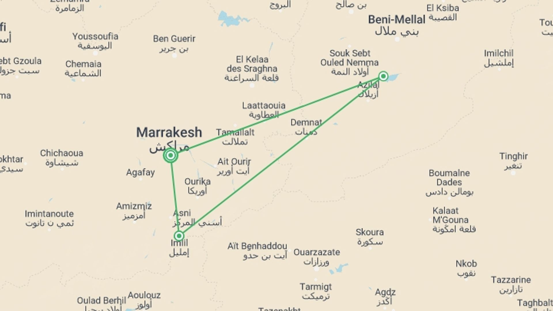 A map showing the tour itinerary for the trip: Morocco Rafting Adventure, starting in Marrakech, Morocco and ending in Marrakech, Morocco going through 3 other destinations.