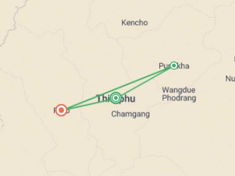 Map itinerary of Thimphu Tour in June 2026 with 3 destination visits for the trip: Spirit of Bhutan