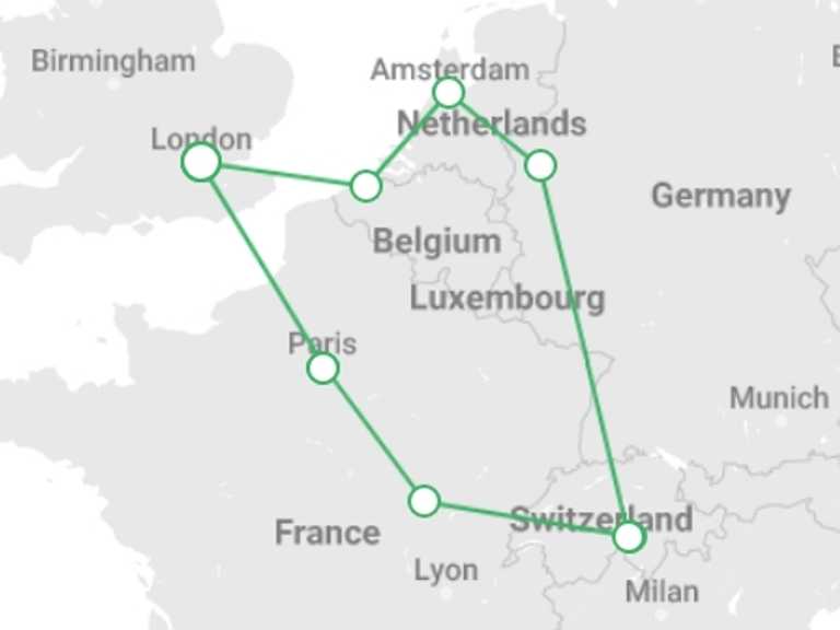 Map itinerary of London Tour in December 2026 with 7 destination visits for the trip: Europe Taster New Year