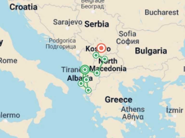 Map of Tirana Explorer Tour with 8 destination visits for the trip: Albania, Kosovo, & Macedonia Adventure