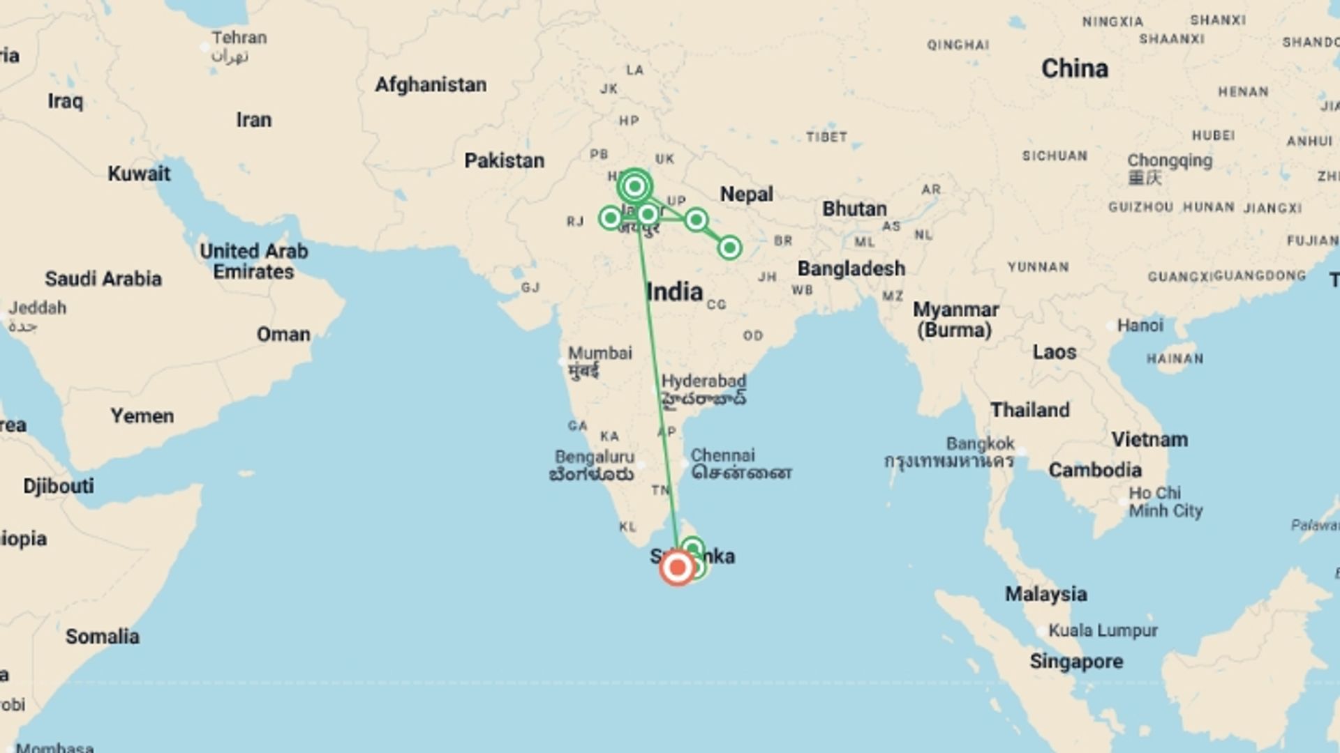 A map showing the tour itinerary for the trip: Premium India and Sri Lanka, starting in New Delhi, India and ending in Colombo, Sri Lanka going through 8 other destinations.