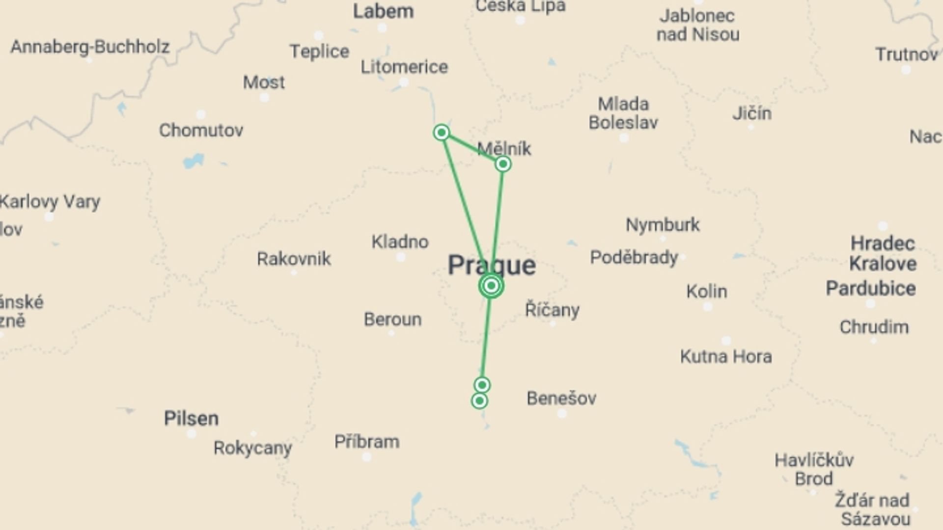 A map showing the tour itinerary for the trip: Prague, Dresden, and the Castles of Bohemia: A Spectacular Cruise on the Elbe and Vltava Rivers, starting in Prague, Czech Republic and ending in Prague, Czech Republic going through 4 other destinations.