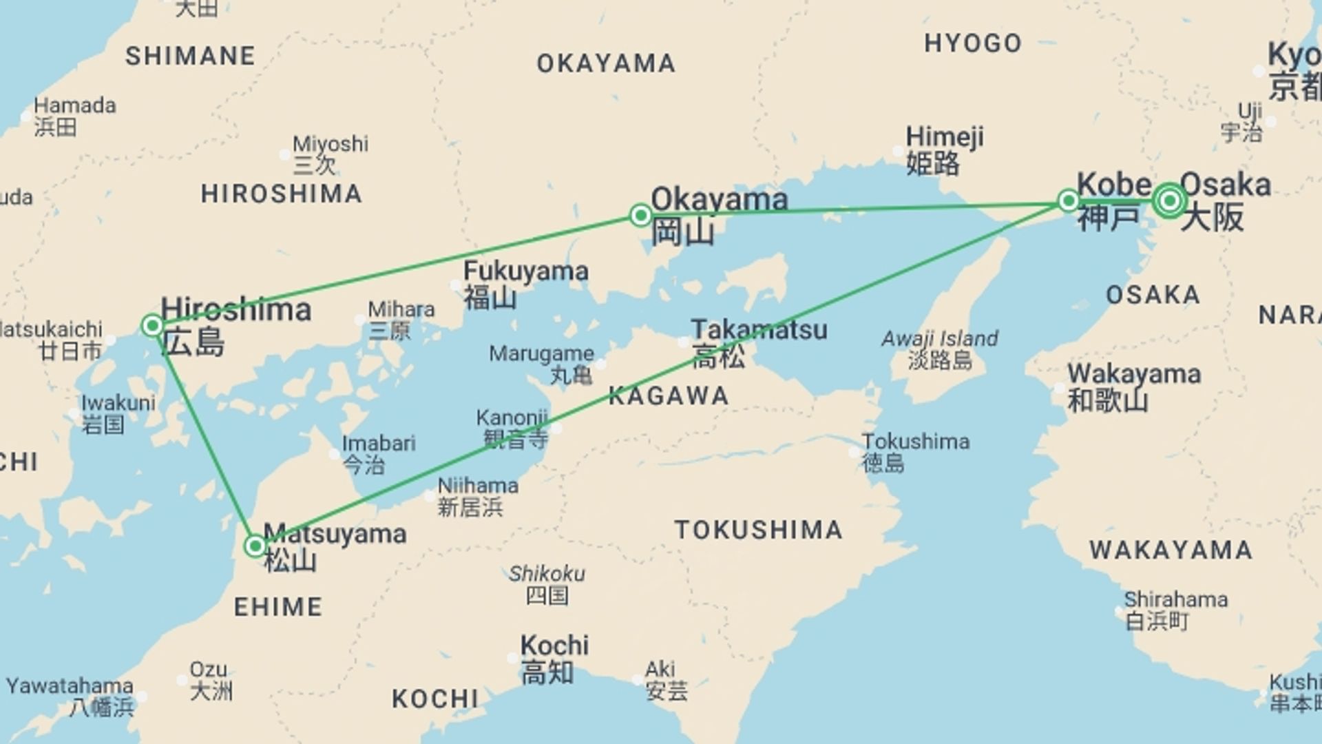 A map showing the tour itinerary for the trip: South Japan Express, starting in Osaka, Japan and ending in Osaka, Japan going through 4 other destinations.