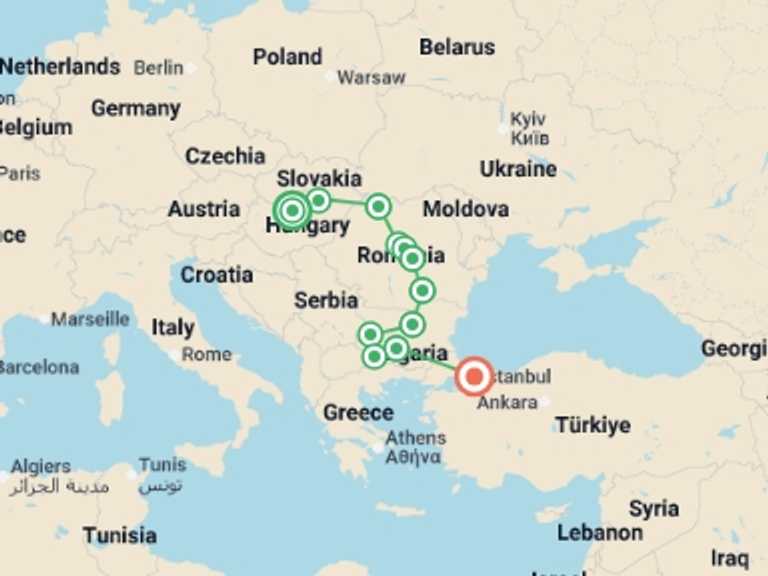 Map itinerary of Budapest Tour in May 2026 with 12 destination visits for the trip: Eastern Europe Explorer